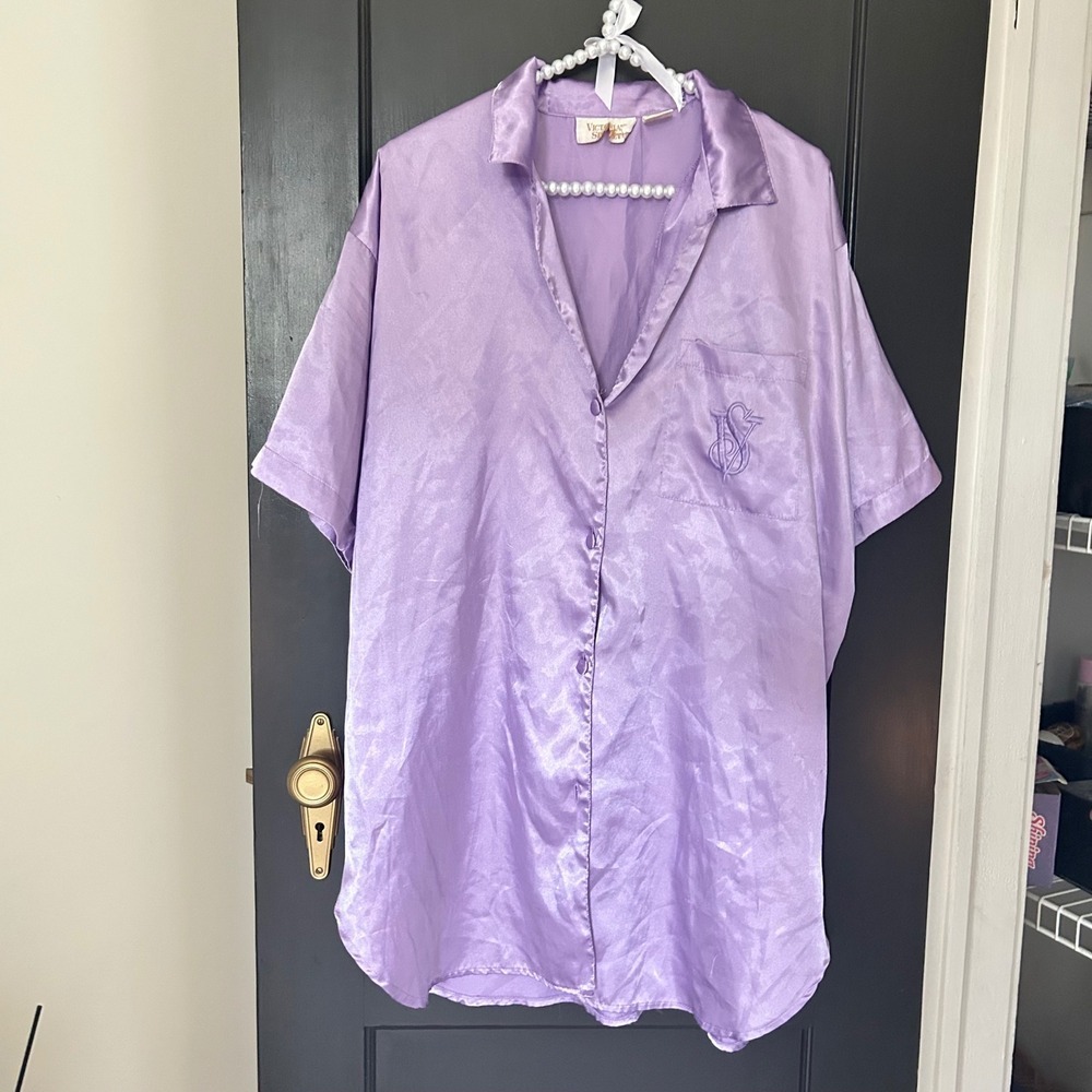 Vintage Victoria's Secret Lavender Satin Button Down Sleep Shirt Y2k - Large